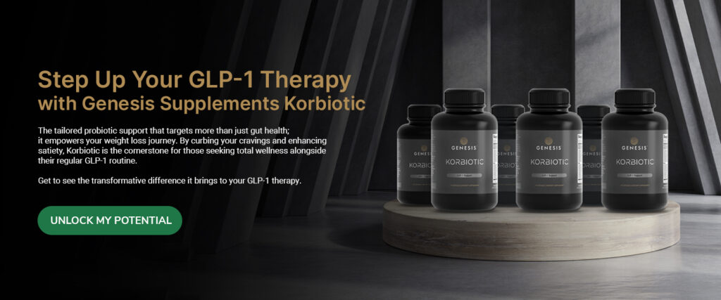6 black bottles of a probiotic supplement made by Genesis Supplements to aid with GLP-1 related therapies