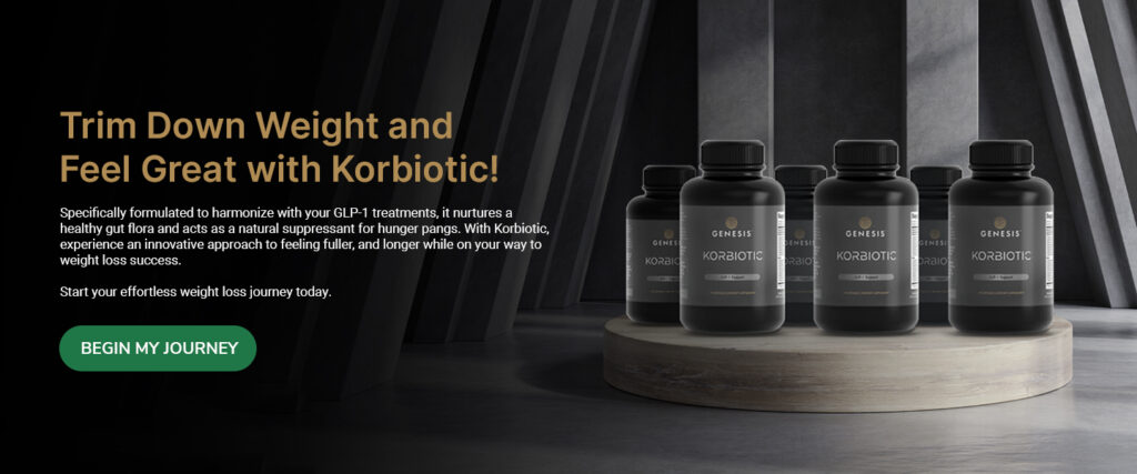 6 black bottles of Korbiotic probiotic supplement by Genesis Supplements USA for weight loss management