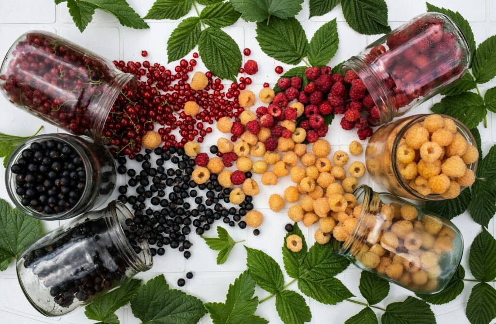 a variety of berries in jars  with blueberries, raspberries, yellow raspberries, and red currants